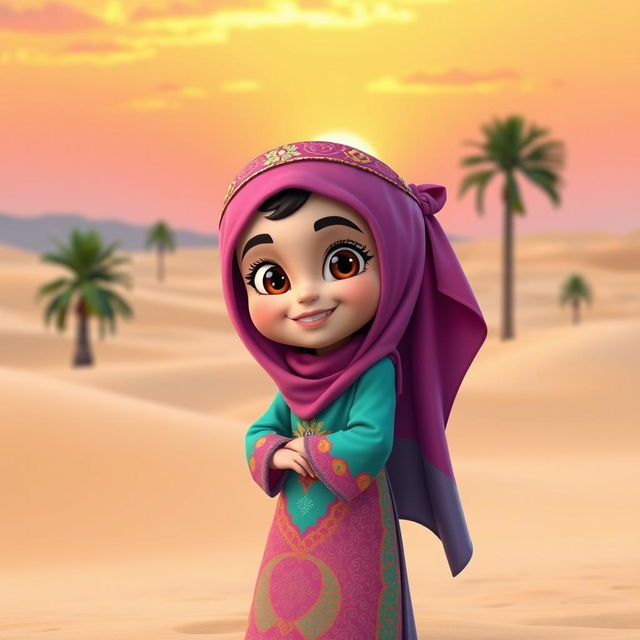 An animated character of a young Emirati girl wearing a traditional colorful abaya, beautifully detailed with intricate embroidery and embellishments