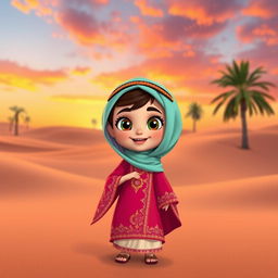 An animated character of a young Emirati girl wearing a traditional colorful abaya, beautifully detailed with intricate embroidery and embellishments