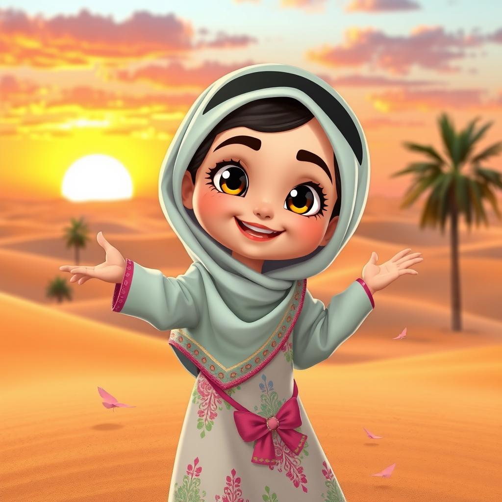 An animated character of a young Emirati girl wearing a traditional colorful abaya, beautifully detailed with intricate embroidery and embellishments