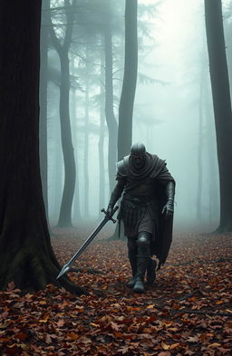 A zombified Roman soldier, complete with tattered armor and decaying flesh, wandering through a misty woodland