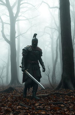 A zombified Roman soldier, complete with tattered armor and decaying flesh, wandering through a misty woodland