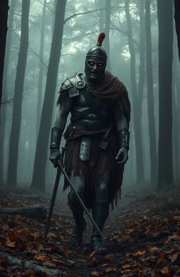 A zombified Roman soldier, complete with tattered armor and decaying flesh, wandering through a misty woodland