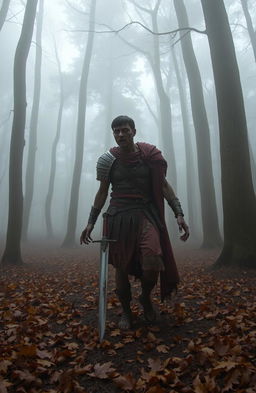 A zombified Roman soldier, complete with tattered armor and decaying flesh, wandering through a misty woodland