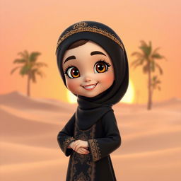 An animated character of a young Emirati girl wearing a traditional black abaya, elegantly styled with intricate gold embroidery and embellishments that reflect cultural richness