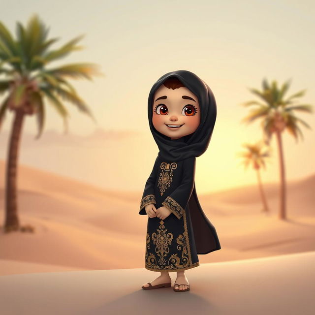 An animated character of a young Emirati girl wearing a traditional black abaya, elegantly styled with intricate gold embroidery and embellishments that reflect cultural richness