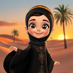 An animated character of a young Emirati girl wearing a traditional black abaya, elegantly styled with intricate gold embroidery and embellishments that reflect cultural richness