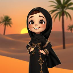 An animated character of a young Emirati girl wearing a traditional black abaya, elegantly styled with intricate gold embroidery and embellishments that reflect cultural richness