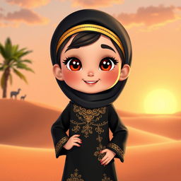 An animated character of a young Emirati girl wearing a beautiful traditional black abaya, featuring intricate gold embroidery and delicate patterns that showcase the elegance of Emirati culture