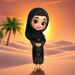 An animated character of a young Emirati girl wearing a beautiful traditional black abaya, featuring intricate gold embroidery and delicate patterns that showcase the elegance of Emirati culture
