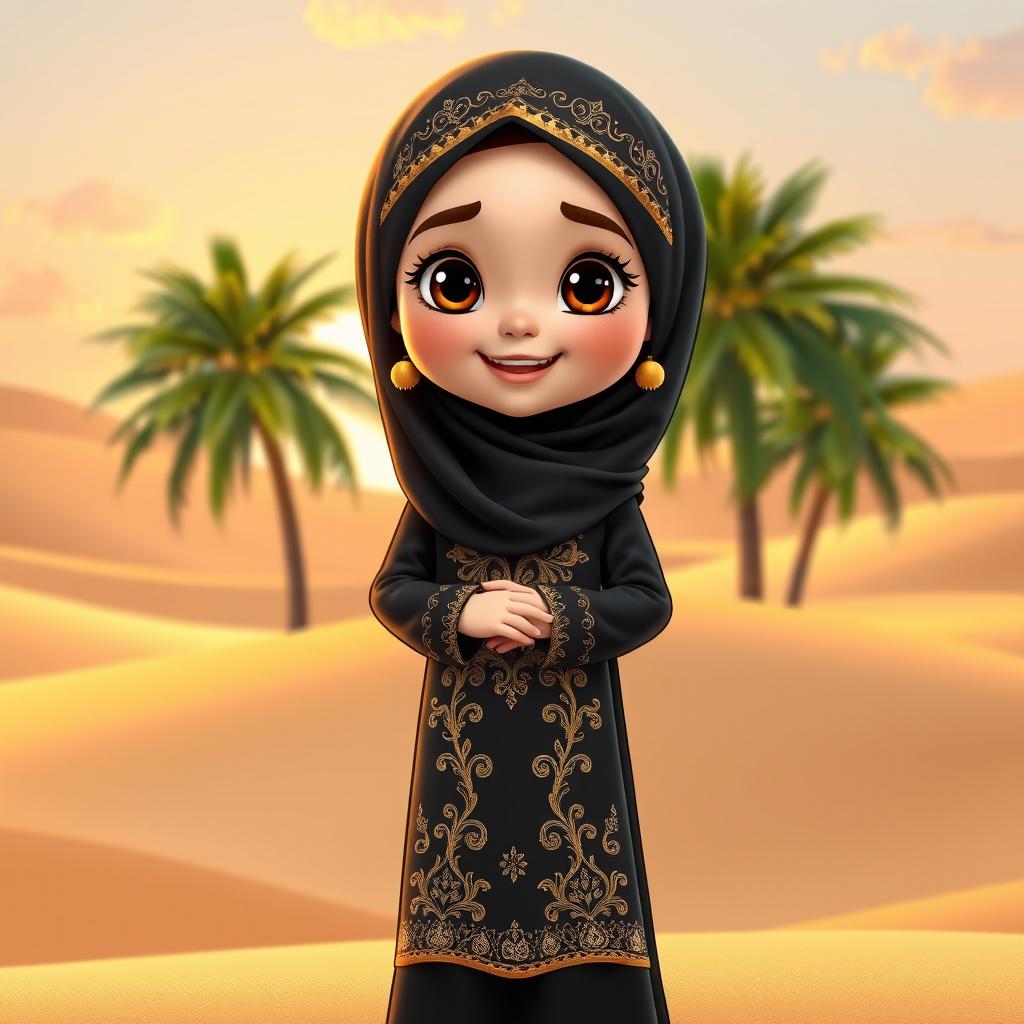 An animated character of a young Emirati girl wearing a beautiful traditional black abaya, featuring intricate gold embroidery and delicate patterns that showcase the elegance of Emirati culture