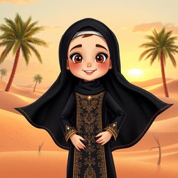 An animated character of a young Emirati girl wearing a beautiful traditional black abaya, featuring intricate gold embroidery and delicate patterns that showcase the elegance of Emirati culture