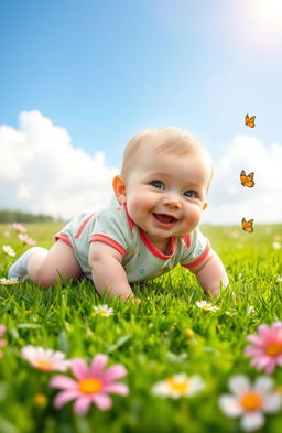 A serene scene of a little baby crawling on a lush green grass lawn, surrounded by flowers