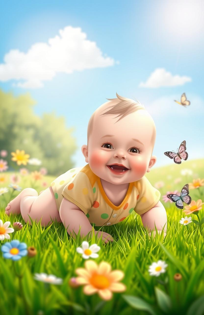 A serene scene of a little baby crawling on a lush green grass lawn, surrounded by flowers