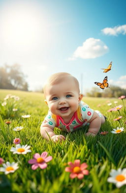 A serene scene of a little baby crawling on a lush green grass lawn, surrounded by flowers