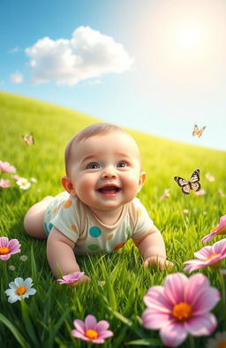 A serene scene of a little baby crawling on a lush green grass lawn, surrounded by flowers