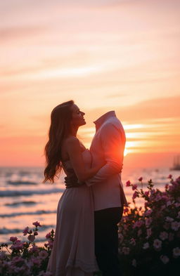 A romantic scene depicting a charming couple embracing under a beautiful sunset, surrounded by soft glowing lights and a serene atmosphere