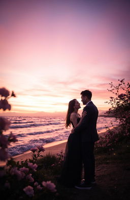A romantic scene depicting a charming couple embracing under a beautiful sunset, surrounded by soft glowing lights and a serene atmosphere