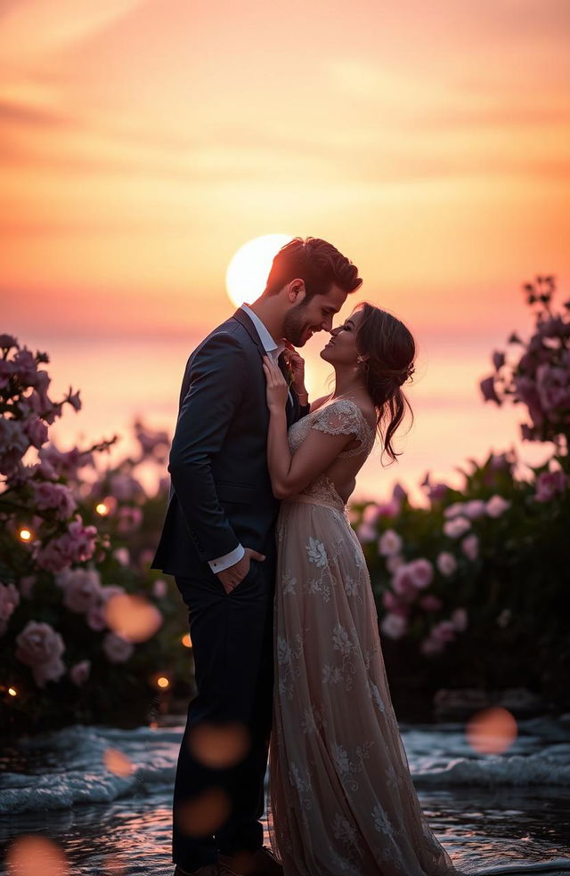 A romantic scene depicting a charming couple embracing under a beautiful sunset, surrounded by soft glowing lights and a serene atmosphere