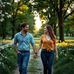 A romantic scene featuring a couple walking hand in hand through a lush, green park during the golden hour