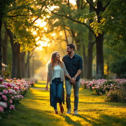 A romantic scene featuring a couple walking hand in hand through a lush, green park during the golden hour