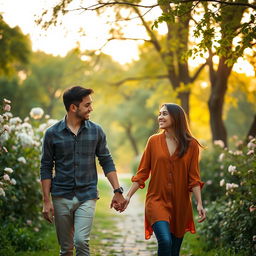 A romantic scene featuring a couple walking hand in hand through a lush, green park during the golden hour