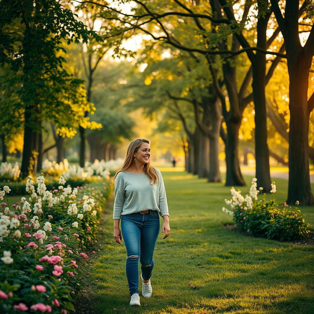 A romantic scene featuring a couple walking hand in hand through a lush, green park during the golden hour