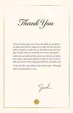 A beautifully designed front page of a formal thank you letter