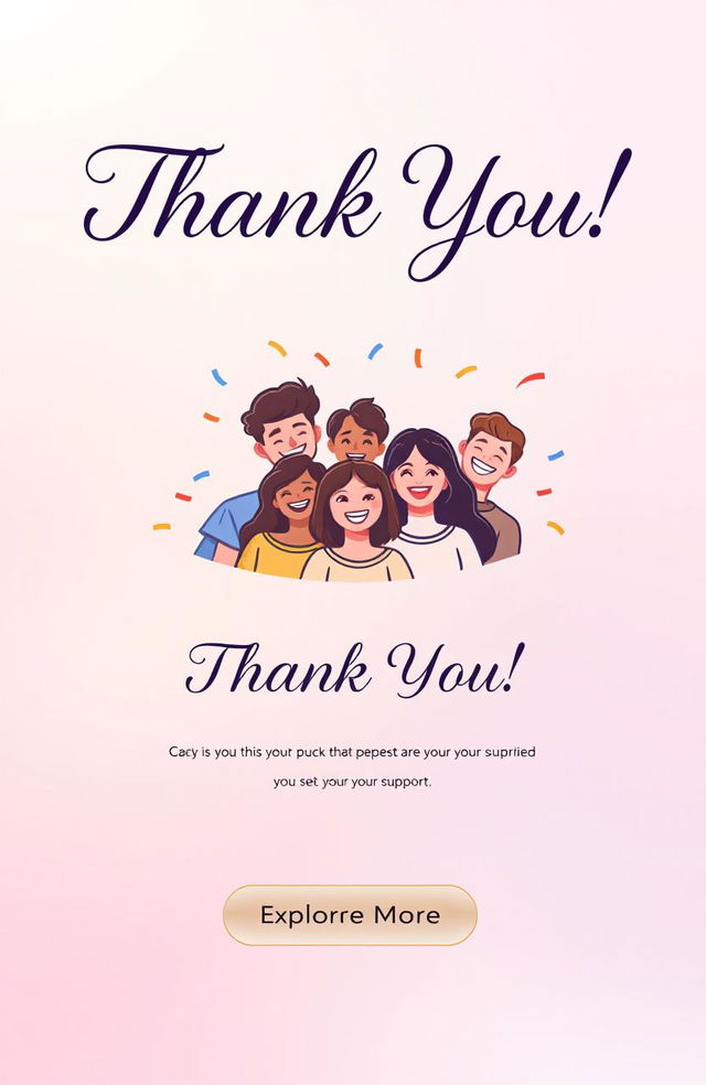 A beautifully designed thank you page, featuring a large, vibrant header that says 'Thank You!' in elegant typography