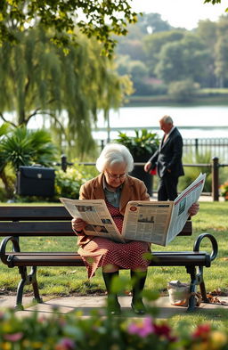 A reflective scene depicting an elderly couple sitting on a park bench, surrounded by lush greenery, contemplating their financial regrets after retirement