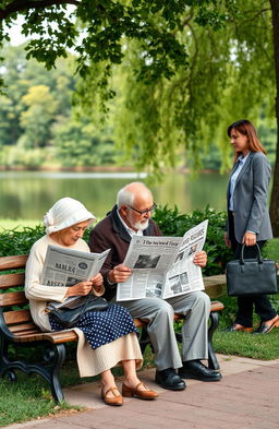A reflective scene depicting an elderly couple sitting on a park bench, surrounded by lush greenery, contemplating their financial regrets after retirement