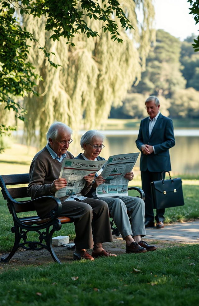 A reflective scene depicting an elderly couple sitting on a park bench, surrounded by lush greenery, contemplating their financial regrets after retirement