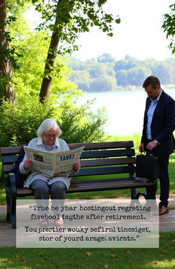 A reflective scene depicting an elderly couple sitting on a park bench, surrounded by lush greenery, contemplating their financial regrets after retirement