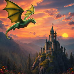 A fantasy scene featuring a majestic and mythical dragon soaring through a vibrant sunset sky, its scales shimmering in shades of emerald green and gold