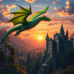 A fantasy scene featuring a majestic and mythical dragon soaring through a vibrant sunset sky, its scales shimmering in shades of emerald green and gold