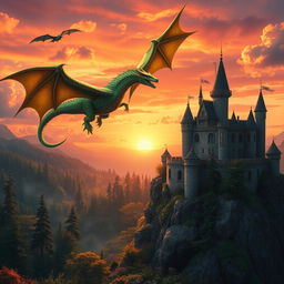 A fantasy scene featuring a majestic and mythical dragon soaring through a vibrant sunset sky, its scales shimmering in shades of emerald green and gold