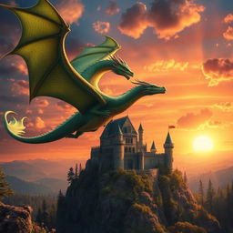 A fantasy scene featuring a majestic and mythical dragon soaring through a vibrant sunset sky, its scales shimmering in shades of emerald green and gold