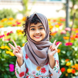 A cute and fashionable Muslim girl wearing modern yet modest clothing, with lively expressions and playful poses