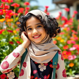 A cute and fashionable Muslim girl wearing modern yet modest clothing, with lively expressions and playful poses