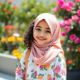 A cute and fashionable Muslim girl wearing modern yet modest clothing, with lively expressions and playful poses