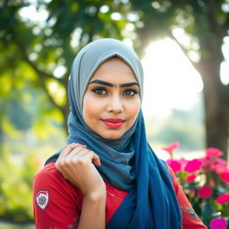 A beautiful and confident Muslim girl in a serene outdoor setting, showcasing her natural beauty while embodying strength and grace