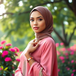 A beautiful and confident Muslim girl in a serene outdoor setting, showcasing her natural beauty while embodying strength and grace