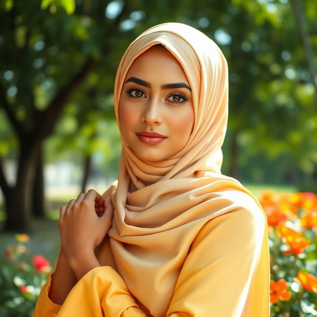 A beautiful and confident Muslim girl in a serene outdoor setting, showcasing her natural beauty while embodying strength and grace