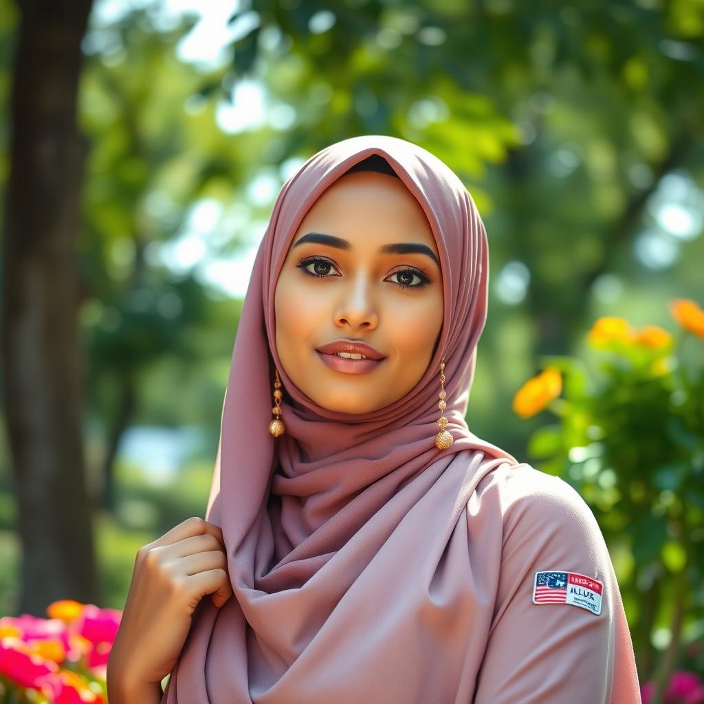 A beautiful and confident Muslim girl in a serene outdoor setting, showcasing her natural beauty while embodying strength and grace