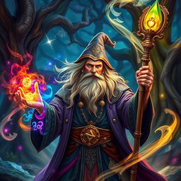 A powerful wizard in the midst of casting a spell, surrounded by swirling magical energy and vibrant colors