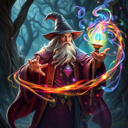 A powerful wizard in the midst of casting a spell, surrounded by swirling magical energy and vibrant colors