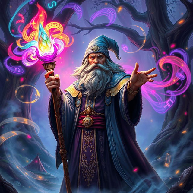 A powerful wizard in the midst of casting a spell, surrounded by swirling magical energy and vibrant colors