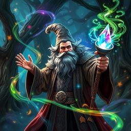 A powerful wizard in the midst of casting a spell, surrounded by swirling magical energy and vibrant colors