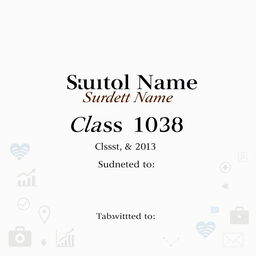 A clean and professional front page cover design for a business studies project, incorporating the following text elements: the school name prominently displayed at the top in a bold and stylish font; the student's name just below in an elegant, slightly larger font; the class and roll number clearly presented in the center; and at the bottom, a designated area saying 'Submitted to' with space for a teacher's name
