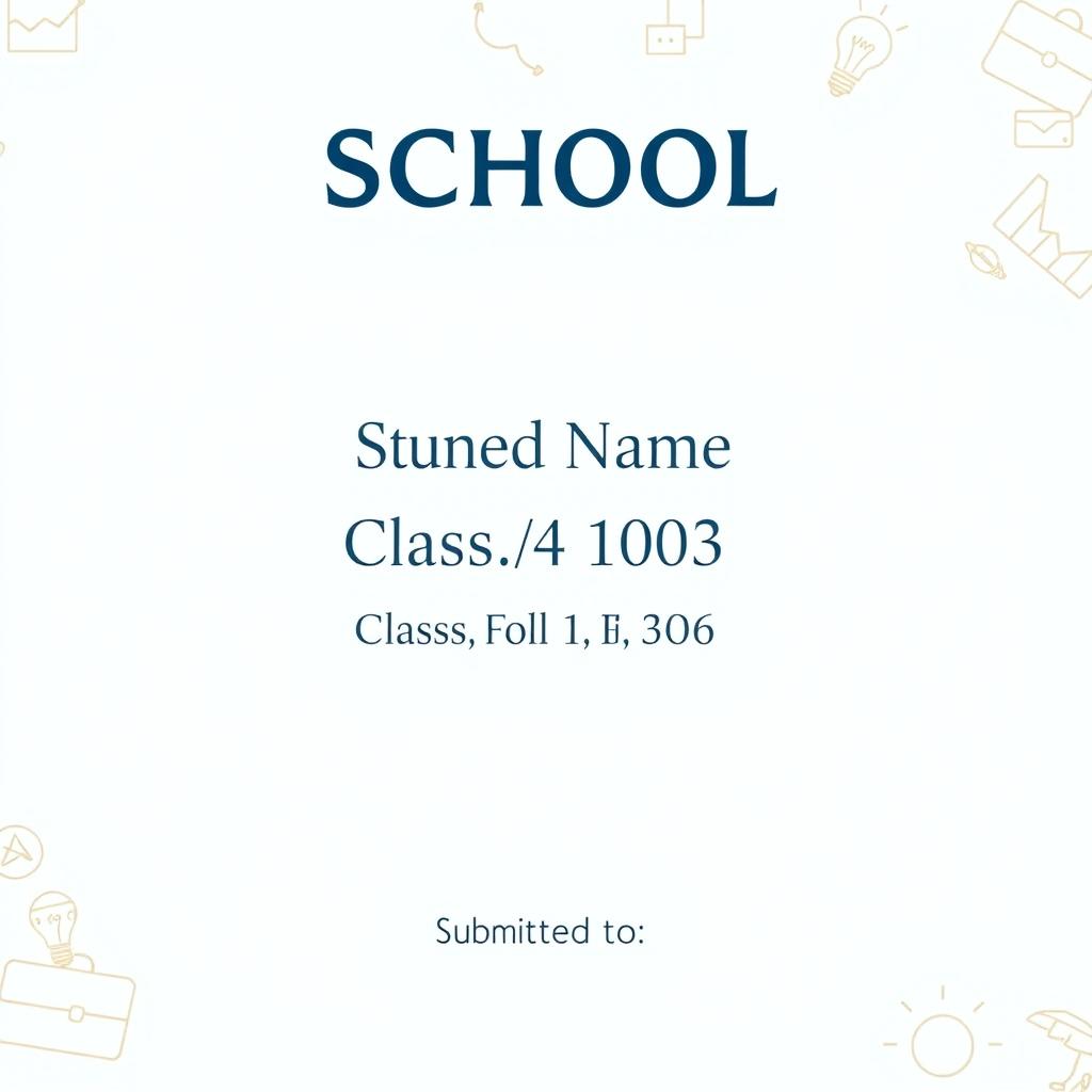 A clean and professional front page cover design for a business studies project, incorporating the following text elements: the school name prominently displayed at the top in a bold and stylish font; the student's name just below in an elegant, slightly larger font; the class and roll number clearly presented in the center; and at the bottom, a designated area saying 'Submitted to' with space for a teacher's name