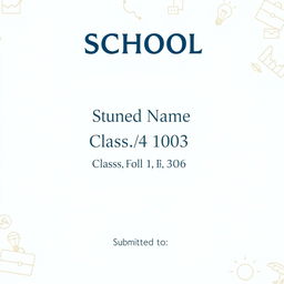 A clean and professional front page cover design for a business studies project, incorporating the following text elements: the school name prominently displayed at the top in a bold and stylish font; the student's name just below in an elegant, slightly larger font; the class and roll number clearly presented in the center; and at the bottom, a designated area saying 'Submitted to' with space for a teacher's name